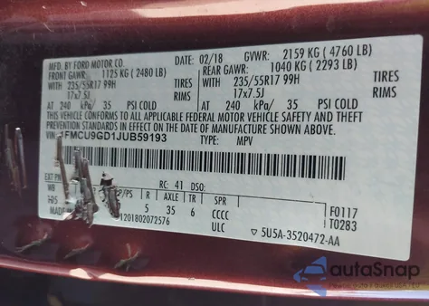 2018 Ford Escape Se z USA, uszkodzony, nr VIN 1FMCU9GD1JUB59193